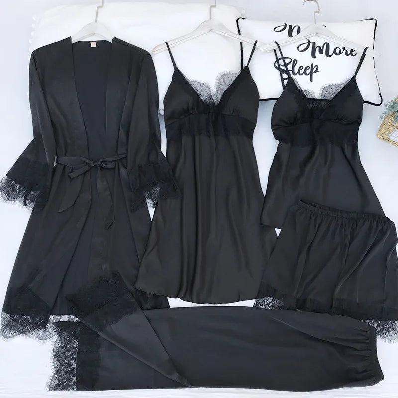Women Pajamas Five Piece Set Spring Summer Sleepwear Nightgown Sexy Lace Bath Robe Gown Loose Silk Satin Home Wear Loungewear
