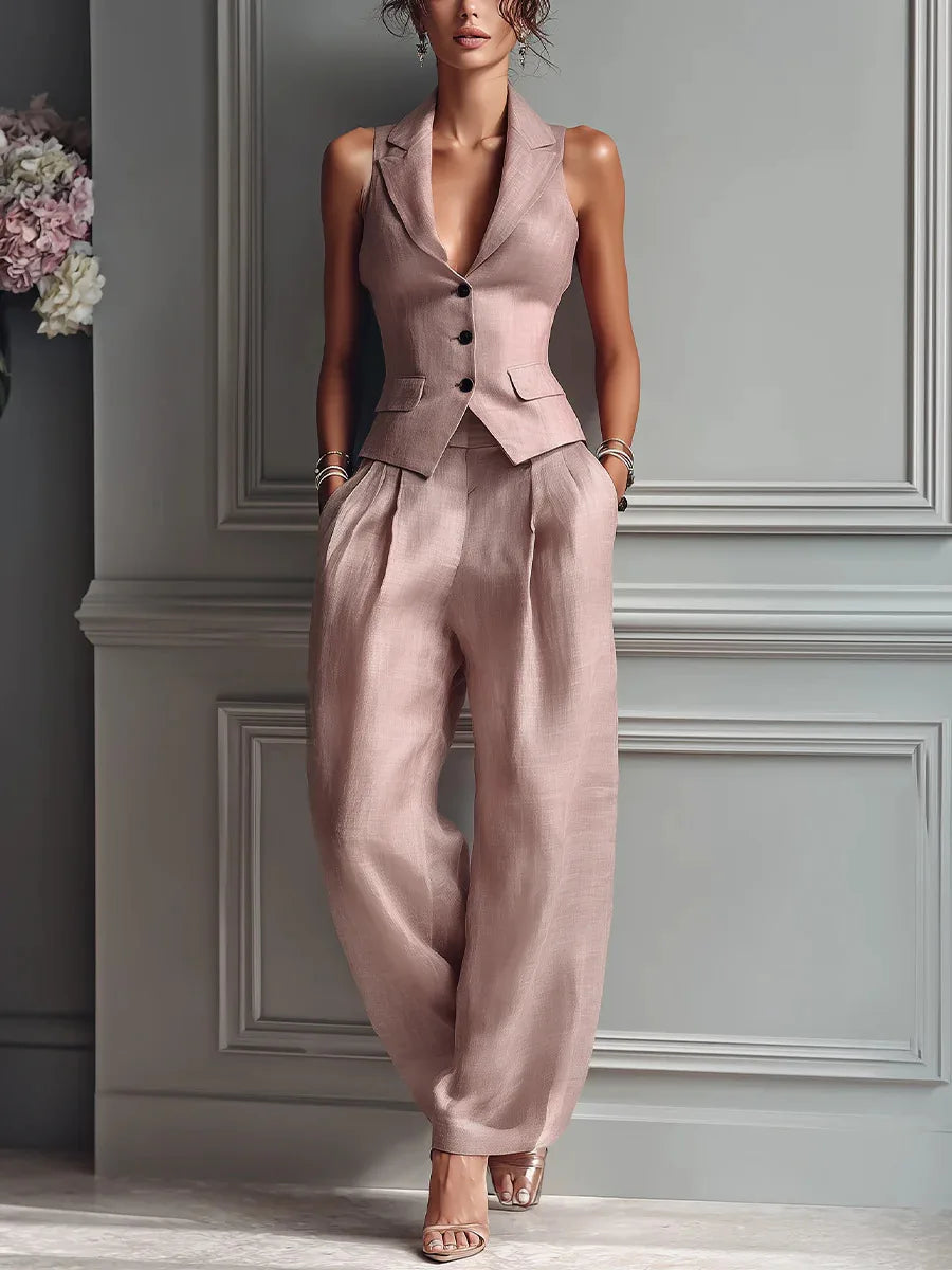 Summer New Fashion Single-breasted Sleeveless Top + Trousers 2-piece Set Women's 2026 Slim Vest Suit Collar Trousers Office Suit
