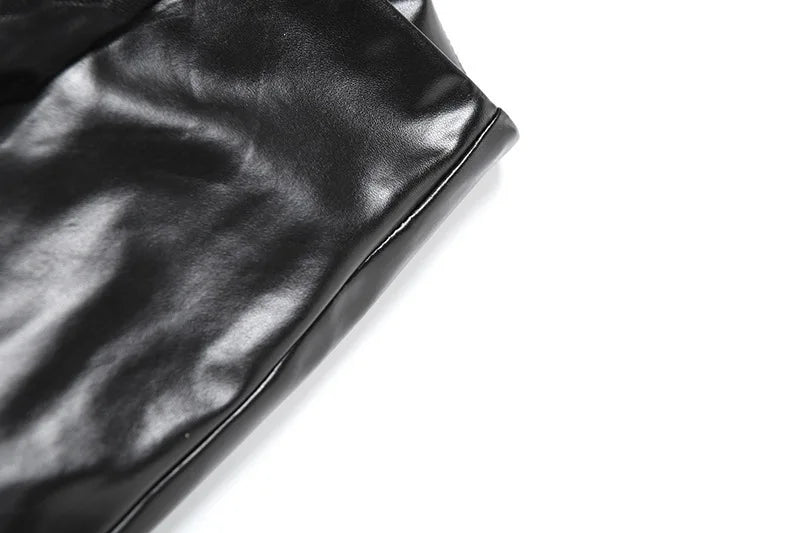 Punk Style PU Leather Pants Gothic Black Lace-paneled Trouser Sexy High-waisted Slim Flared Pants 2026 Summer Women's Clothing