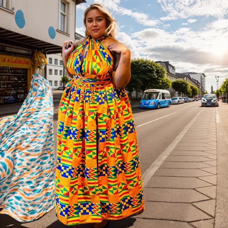 African National Sexy Sleeveless Women Dress Fashion Off Back Print Lady Party Dresses Vintage Casual Long Dress Africa Clothing