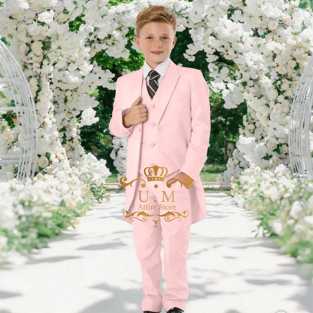 Custom Boys' 3-Piece Tuxedo Set Long Jacket Black Vest Pants Slim Fit Suit for Wedding Birthday Party Children Performances