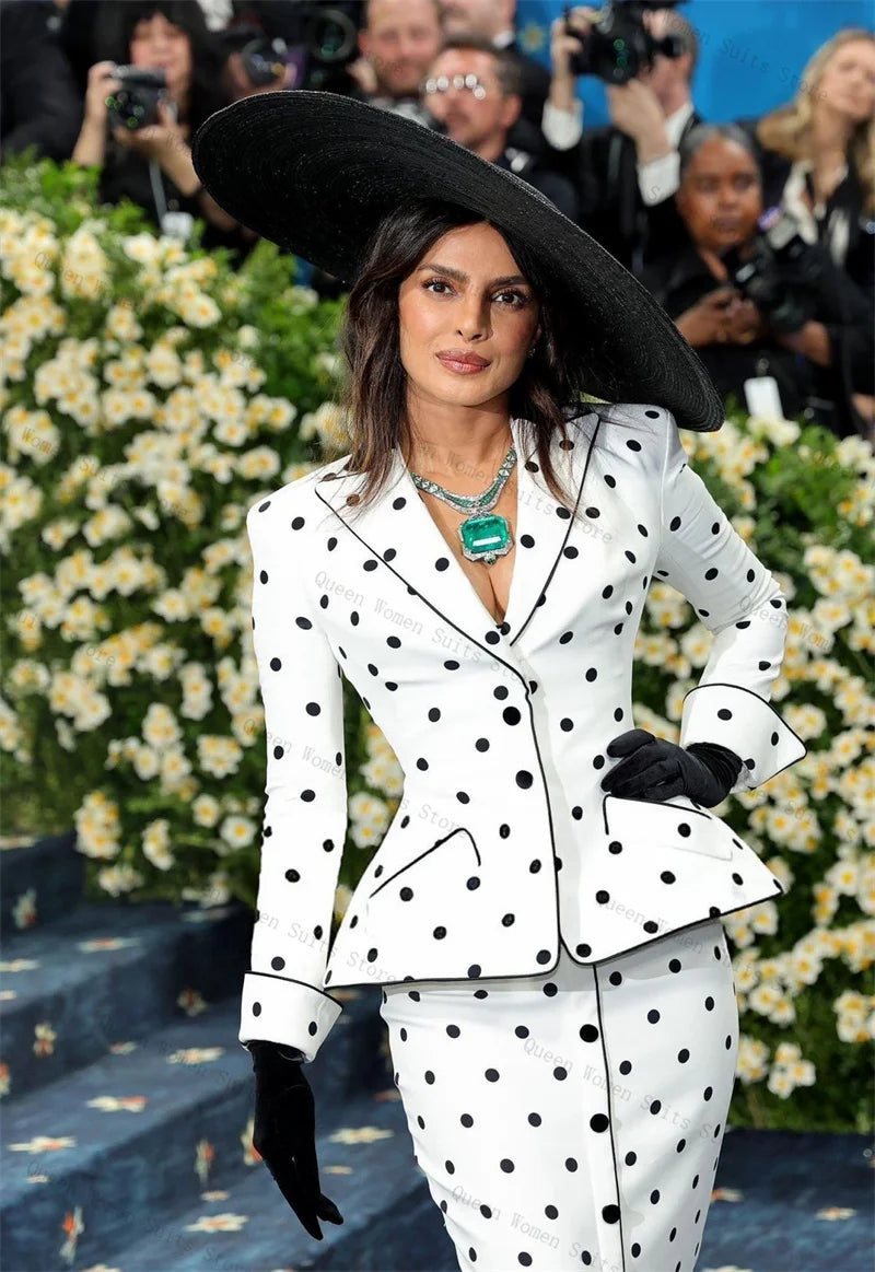 White Women Suit Skirt Set 2 Piece Blazer+Long Prom Dress Black Dot Formal Office Lady Jacket Wedding Bride Coat Customized