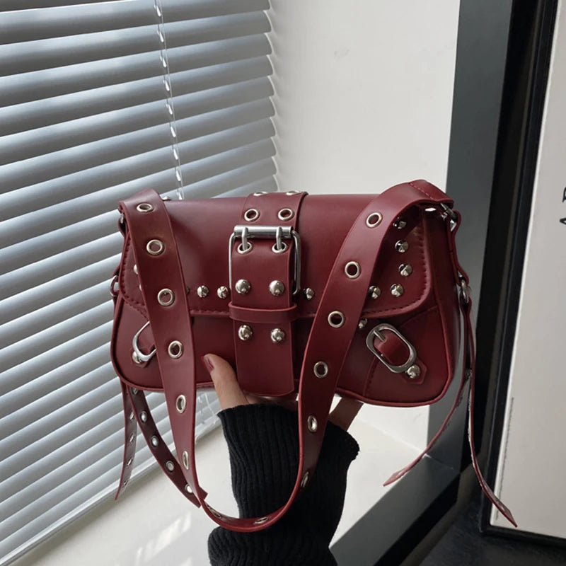 Shoulder Bag for Women Punk Style Purse PU Leather Rock Fashion Handbags with Rivet Small Trendy Armpit Purse