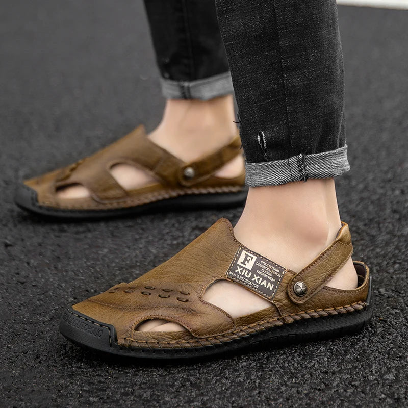 Men Soft Leather Sandals Breathable Comfort Daily Beach Big Size 45 46 Outdoor Slippers Open Toe Non-Slip Casual Summer Footwear