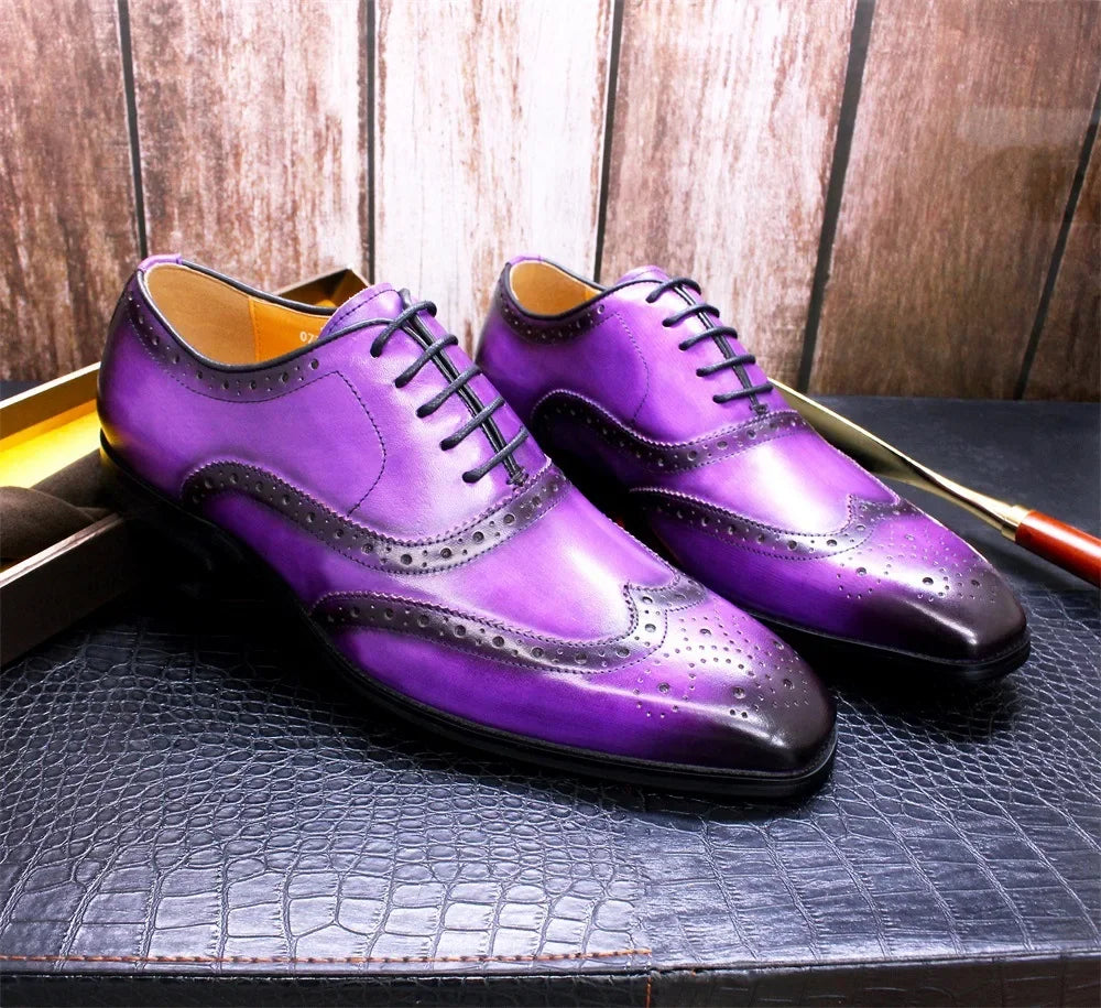 Noble Purple Handmade Mens Brogue Carved Leather Shoes Genuine Leather Men's Dress Shoes Classic Business Formal Shoes for Men