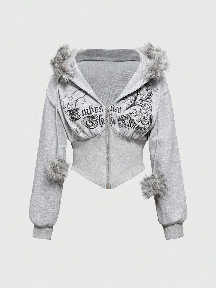 Winter Warm Gothic Print Hoodie Women's Clothin Faux Fur Crop Top Zip-Up Sweatshirt Fashion Y2K Streetwear Hooded Jacket 2026New