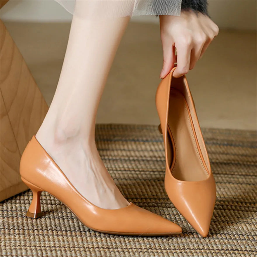 Soft Leather Concise Ladies Office Shoes 2026 Spring Shallow Comfort 6.0cm High Heels Women Pumps Dress Pointy Toe Wedding Shoes