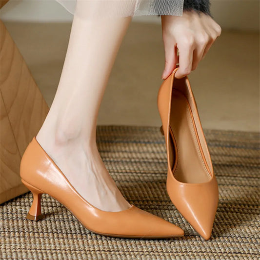Soft Leather Concise Ladies Office Shoes 2026 Spring Shallow Comfort 6.0cm High Heels Women Pumps Dress Pointy Toe Wedding Shoes
