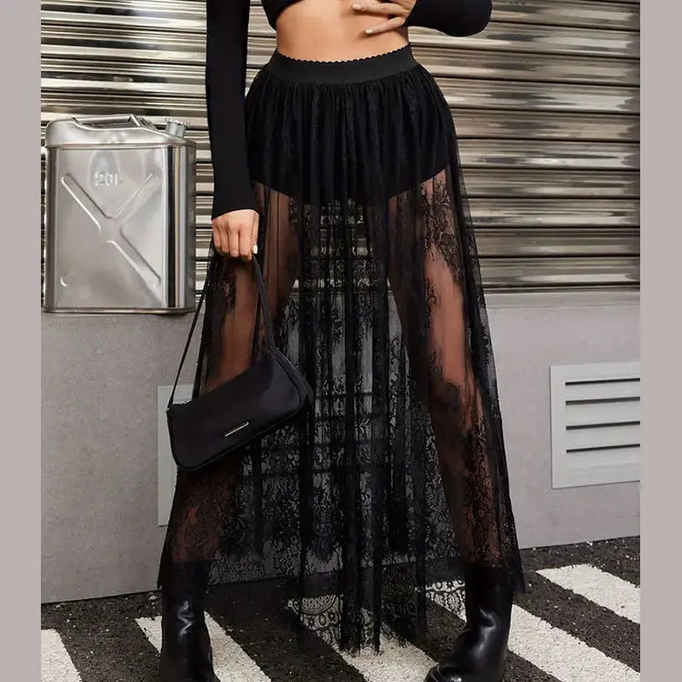 Sexy Solid Color See Through Lace Patchwork Skirt Women Fashion Trendy Chic Y2k Style Skirts Summer Streetwear Female Clothing