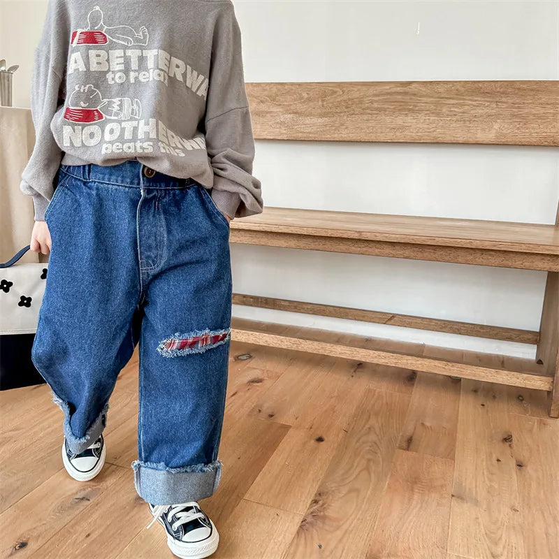 2023 Autumn Spring Baby Girls Boys Denim Pants Loose Fashion Korean Style Kids Casual Jeans Toddler Trouser Children's Clothes