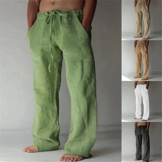 Casual Men's Cotton Linen Pants Fashion Solid Pocket Drawstring Baggy Trousers Comfort Loose Wide Leg Pant Streetwear Sweatpants