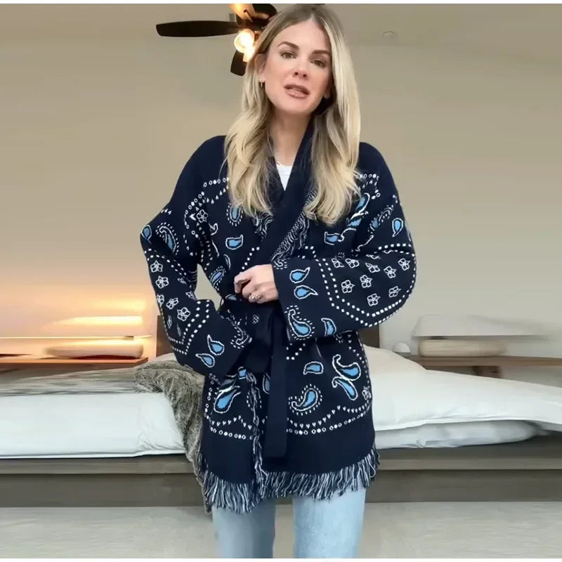 Elegant Print Tassel Cardigan Women Belt V-neck Long Sleeve Loose Knitted Sweaters Female 2025 Autumn Winter Chic Knitwears Lady