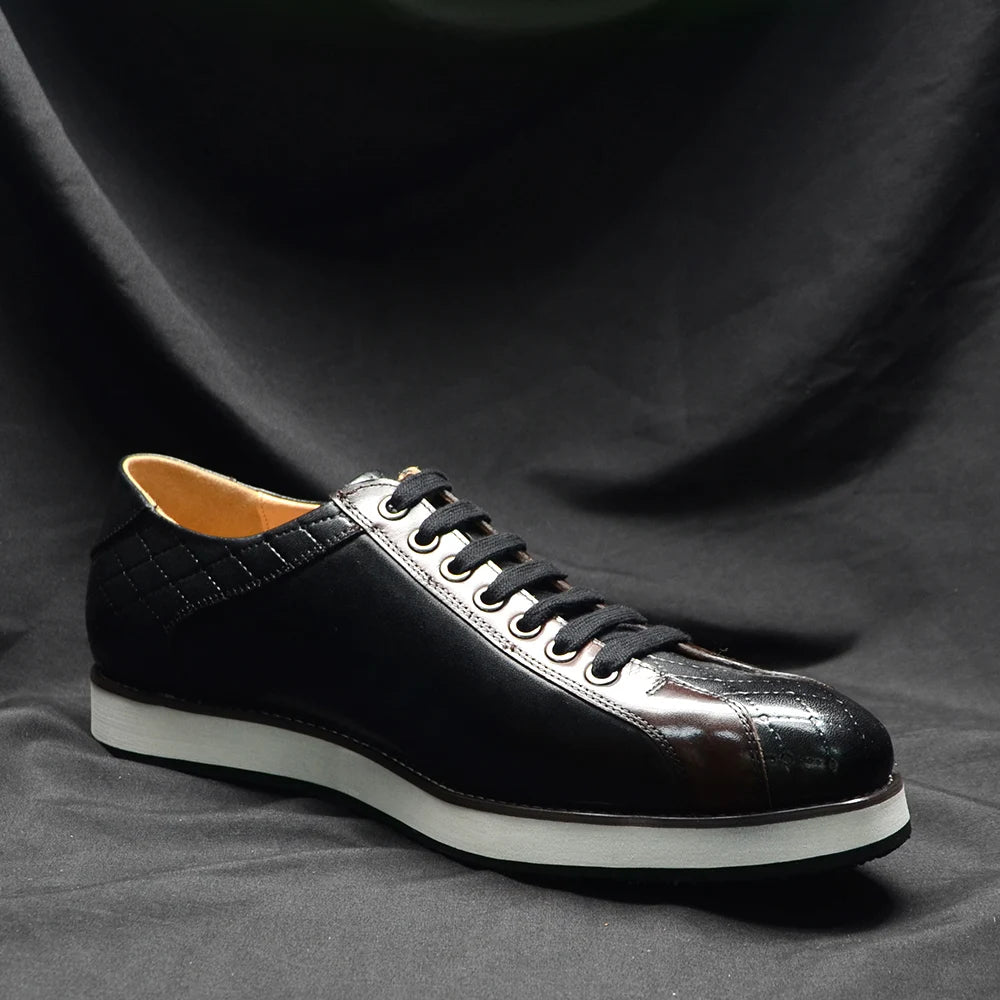 European Style Genuine Leather Men's Casual Shoes Luxury Plaid Business Social Black Flat Lace-Up Sneaker Shoes for Man