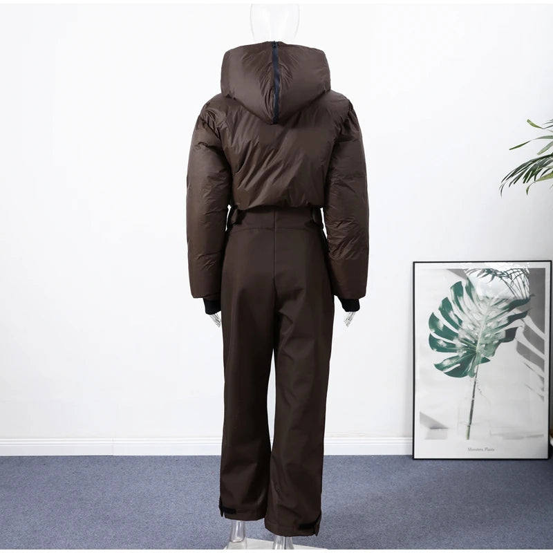 Women  Fur Collar Hooded Skiwear Fashion Solid Thicken Zipper High Waist Slim Outdoor Overalls Jumpsuit  Lady Winter Outwear