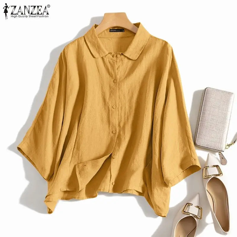 ZANZEA Summer Fashion Lapel Neck Shirt Women Elegant 3/4 Sleeve Blouse Work Buttons Down Tops Tunic Female Casual Loose Blusas