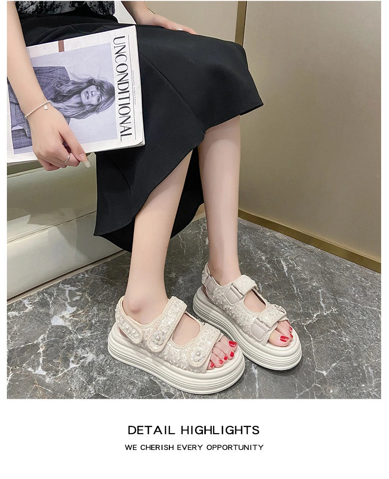 Women's Platform Sandals Handmade Leather Rubber Bottom Flat Sandals Metal Decorative Element Summer Casual Ladies Outdoor Shoes