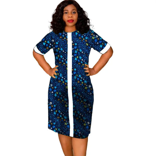 African Fashion O-Neck Dress White&Wax Patchwork Original Design Tailor Made Women's Outfit Colorful Print Female Party Wear