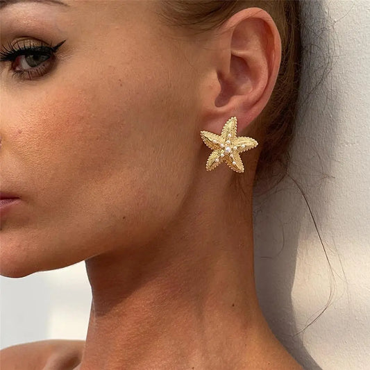 Trendy Simulated Starfish Earrings for Women Summer Beach Metal Ear Studs Gold Color Small Star Earring for Women