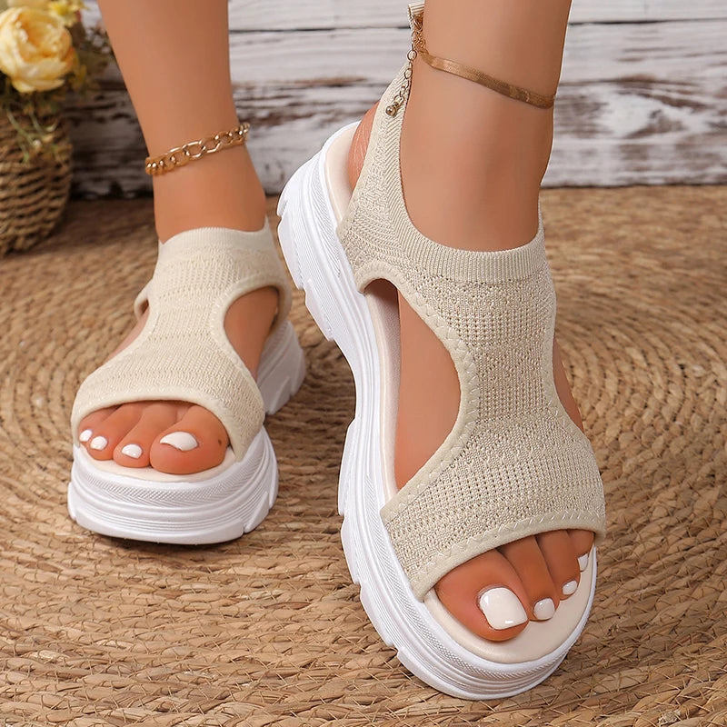 Hollow Out Knit Platform Sandals for Women 2025 Summer Fashion Breathable Sports Sandals Woman Thick Sole Non Slip Walking Shoes