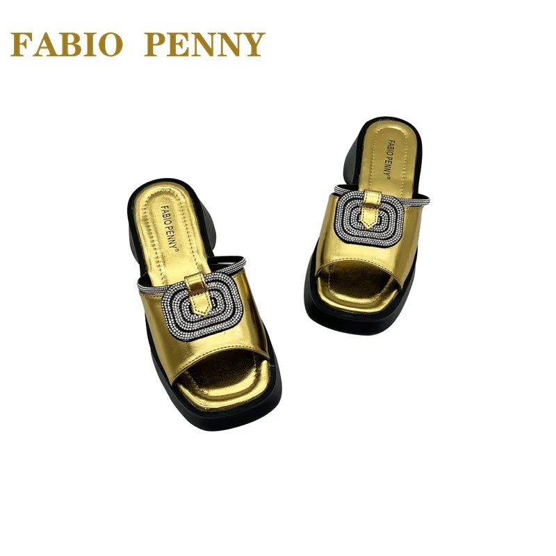 FABIO PENNY2026 new solid-color exquisite water diamond design thick-soled women's fashionable slippers and party sandals