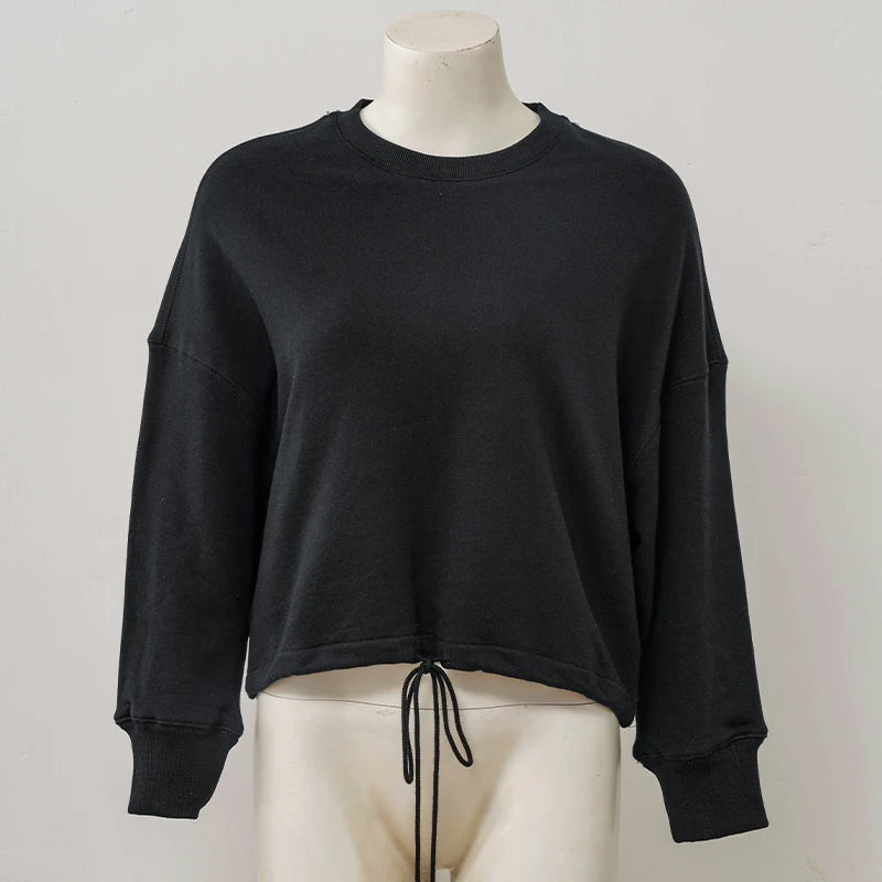 100% Cotton Women's Drawstring Sweatshirt Autumn New Casual Solid Long Sleeved Korean Fashion Streetwear Female Pullover