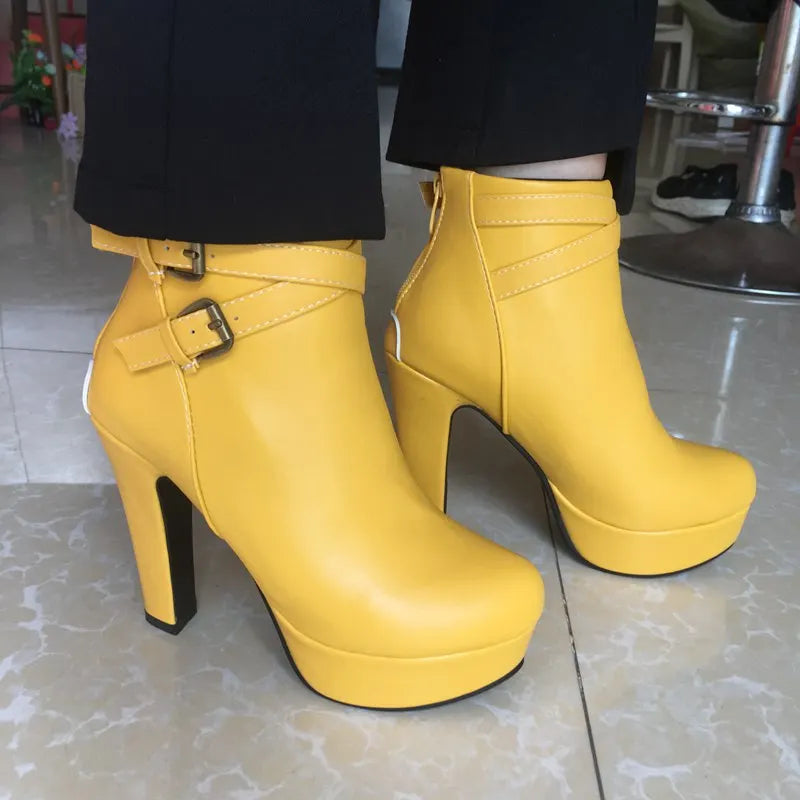 REAVE CAT Size 34-50 Ladies Platform Ankle Boots Party Office Women Fashion 12CM Thick High Heels Buckle Shoes F1484