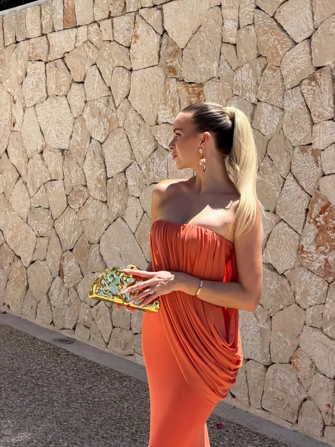 Resort Strapless Draped Mermaid Maxi Dress Cascading Diagonal Draped Bodycon Floor-length Robe Fashion Editorial Shooting Robes