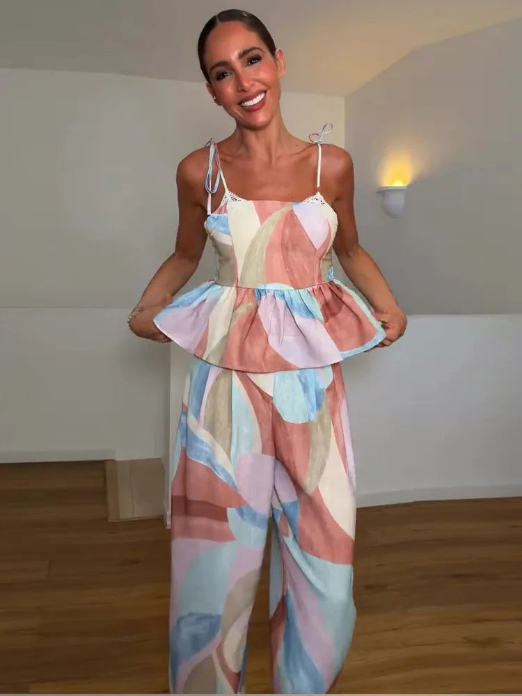 Pastel Print Cami Top Wide Leg Pants Set Ruffle Hem Sleeveless 2026 Summer Vacation Women Co-ord Set Chic Causal Lady Outfit