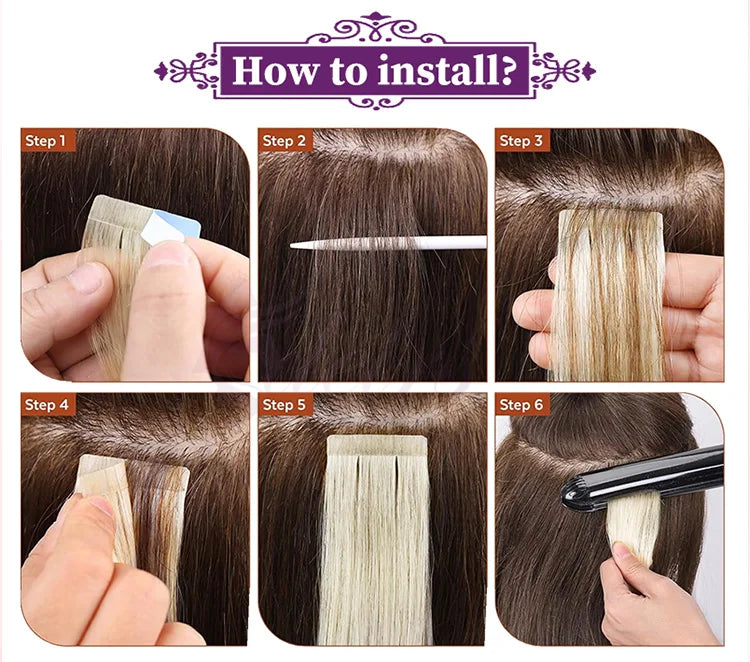 ADEIRS Straight Tape In Human Hair Extensions 100% Real Hair Extensions 16"-24" Black Brown Blonde #613 Invisible Tape In