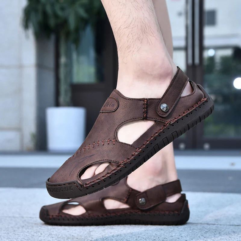 New Handmade Summer Sandals Men Breathable Leather Shoes Man Outdoor Men Sandals Antiskid Beach Sandals Hollow Shoes Footwear