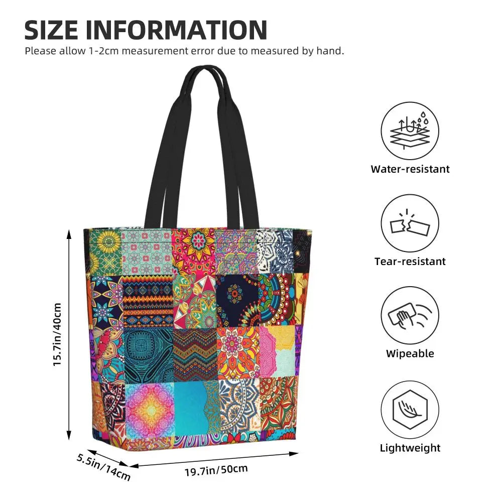 African Ankara Prints Grocery Shopping Tote Bags Women Geometric Ethnic Art Canvas Shoulder Shopper Bags Big Capacity Handbag