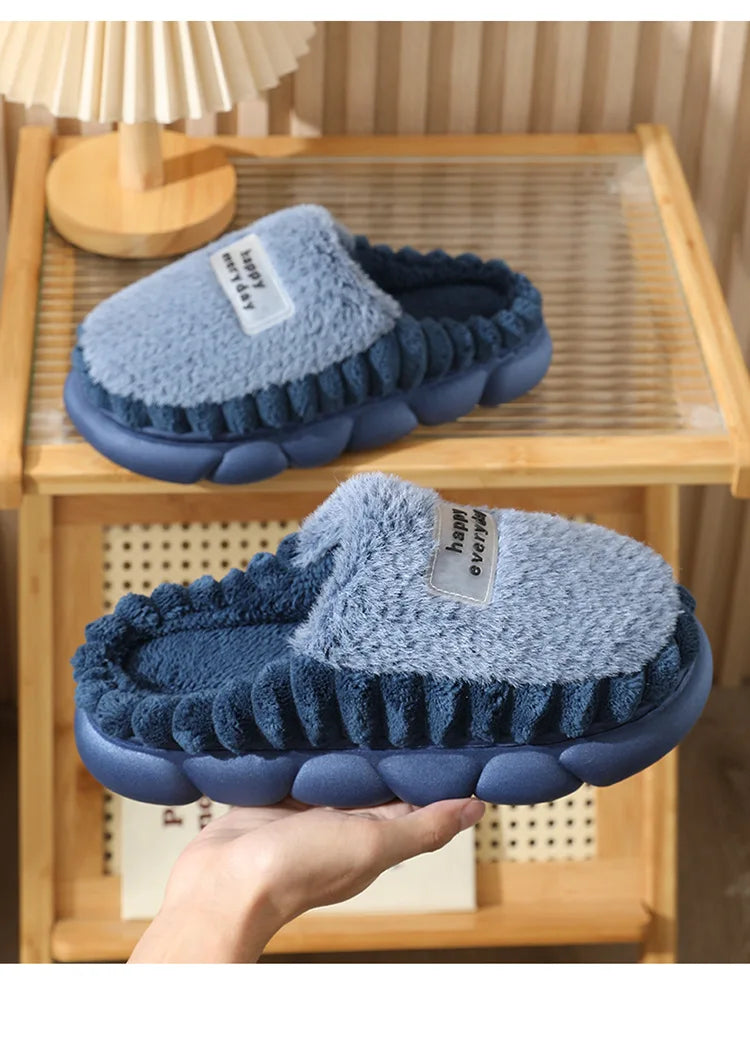 Man slippers home furry thick bottom slides designer winter warm velvet mens slippers blue cotton slipper males shoes