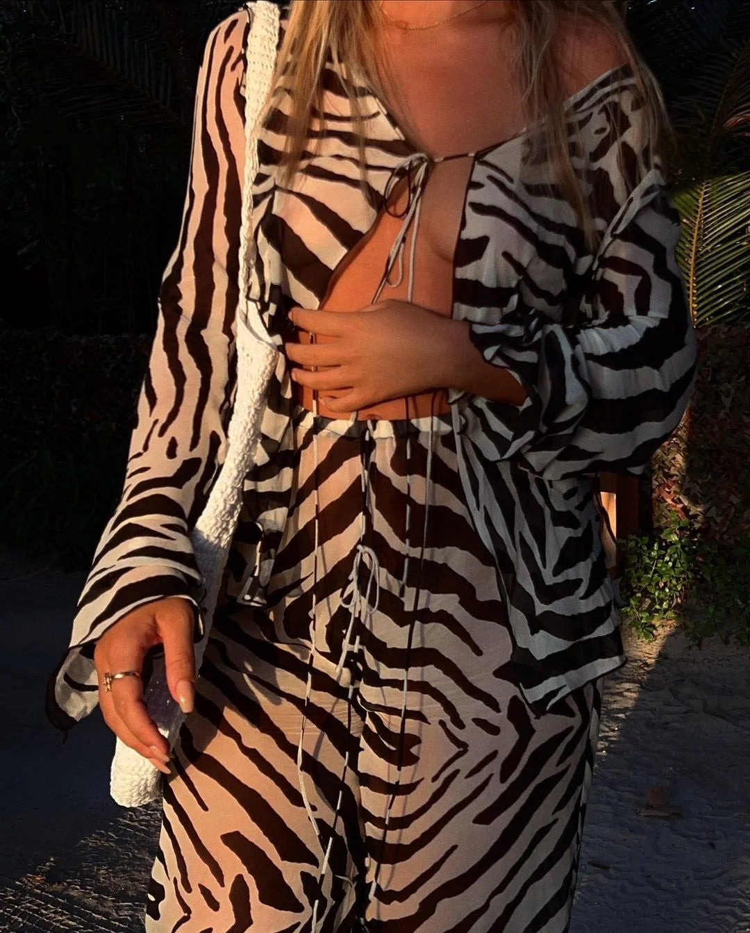 Cryptographic Animal Print Mesh Sheer Stripe Tie Front Detail Top Matching Sets Fashion Outfits 2 Piece Sets Holiday Beachwear