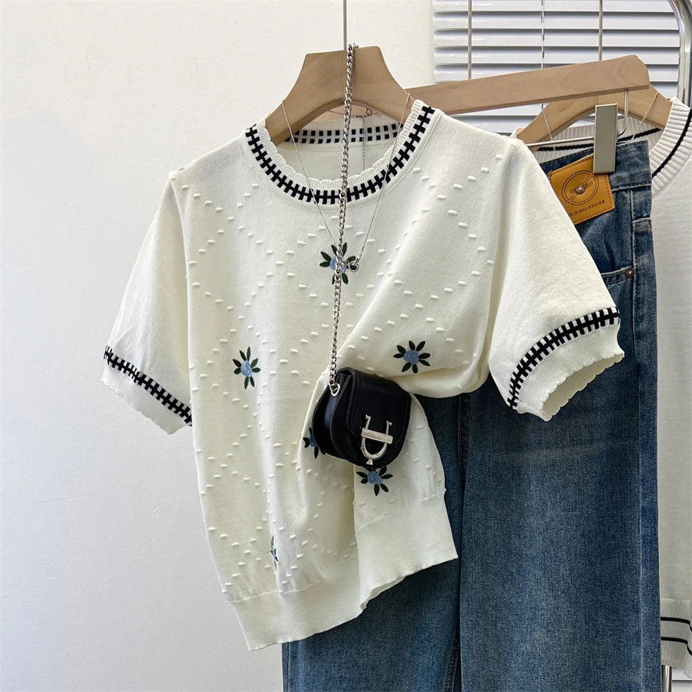 2024 Summer Stylish Sweater For Women Knit Pullover T-shirts Short Sleeve Color-blocked Fashion Elegant Ladies Knitwear Tops