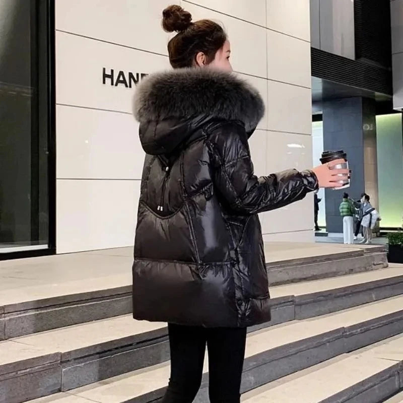 Black Down cotton Jacket Women's 2025 New Korean version Thick fur collar Loose Wash free Winter Coat Female Warm Parka Overcoat