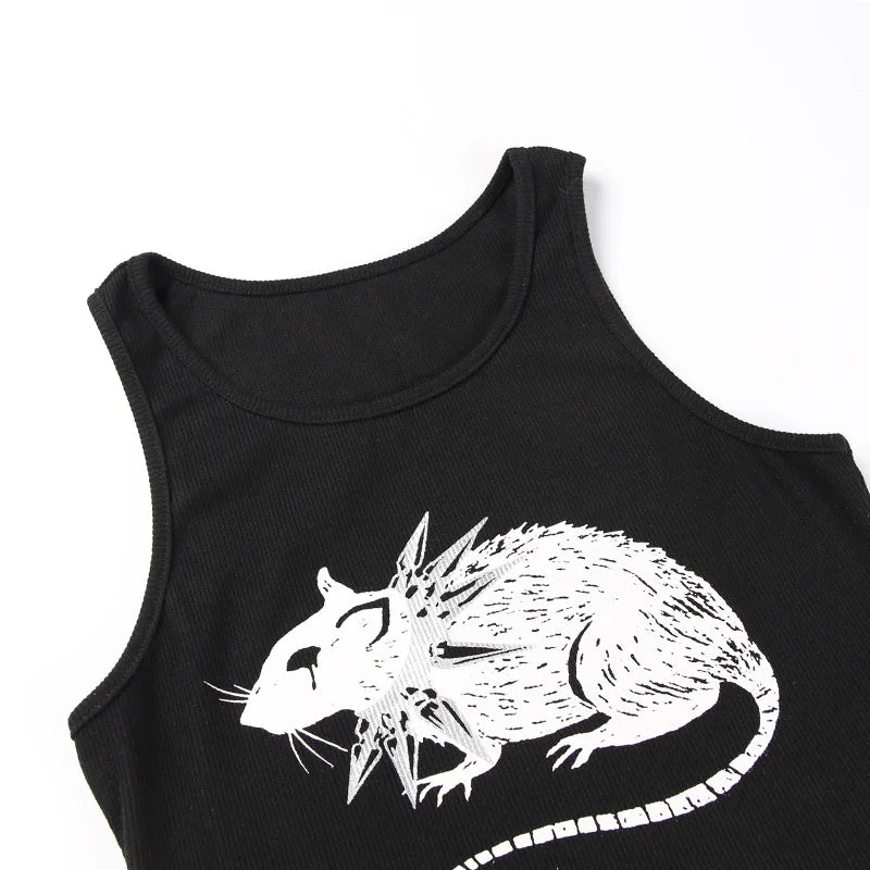 Mouse Print Black Tank Goth Sexy Bodycon Cropped Tops Women Streetwear Harajuku O Neck Knitted Basic Tank Top