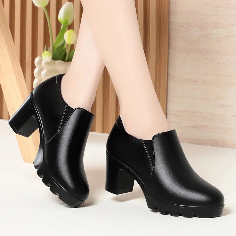 Round Toe Deep Mouth Single Shoes High Heels Thick Heels Versatile Spring Autumn Thick Sole Waterproof Platform Leather Shoes