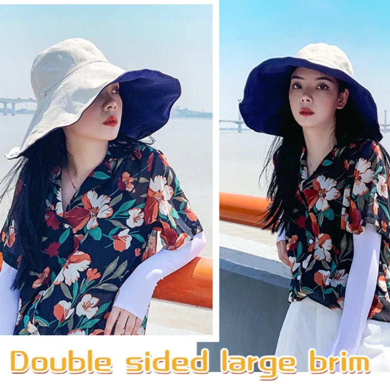 Wide Brim UPF 50+ Sun Hat Women Anti-UV Protection Hiking Fisherman Cap Fold Summer Solid Beach Hat 2024 Double sided Sun hat BAZAARHUBO