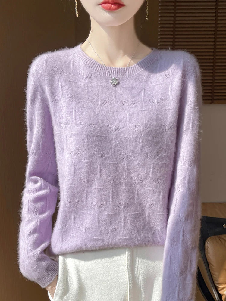 Women 100% Merino Wool Sweater Casual Hollow out Cashmere Blouse O-neck Pullover Tops Autumn Winter Warm Knit Woman Wool Sweater