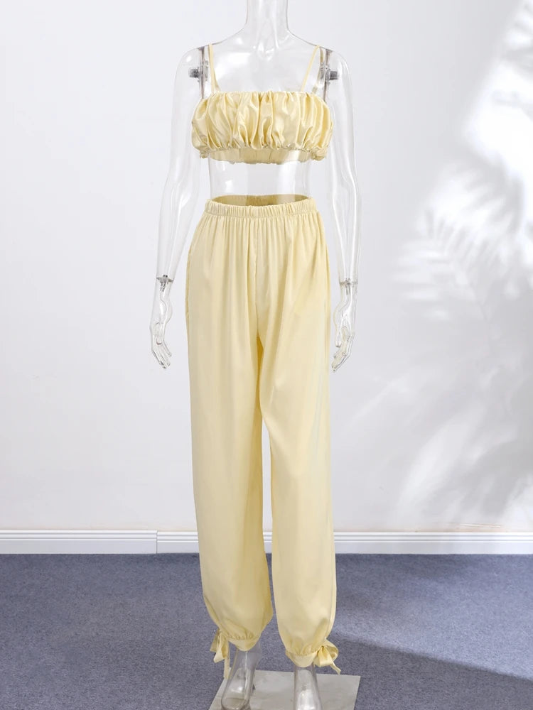 Women's Trousers 2 Pcs Suits Pleated Spaghetti Strap Cropped Tube Tops Elastic Waist Lace Up Pants Charming Ladies Partywear New