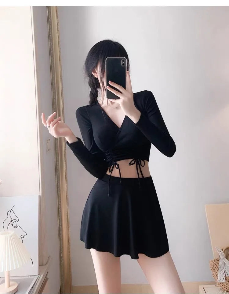 sexy Korean fashion conservative swimsuit two pieces long sleeve cross crop tops with pantskirt bikinis padded swimwear biquini