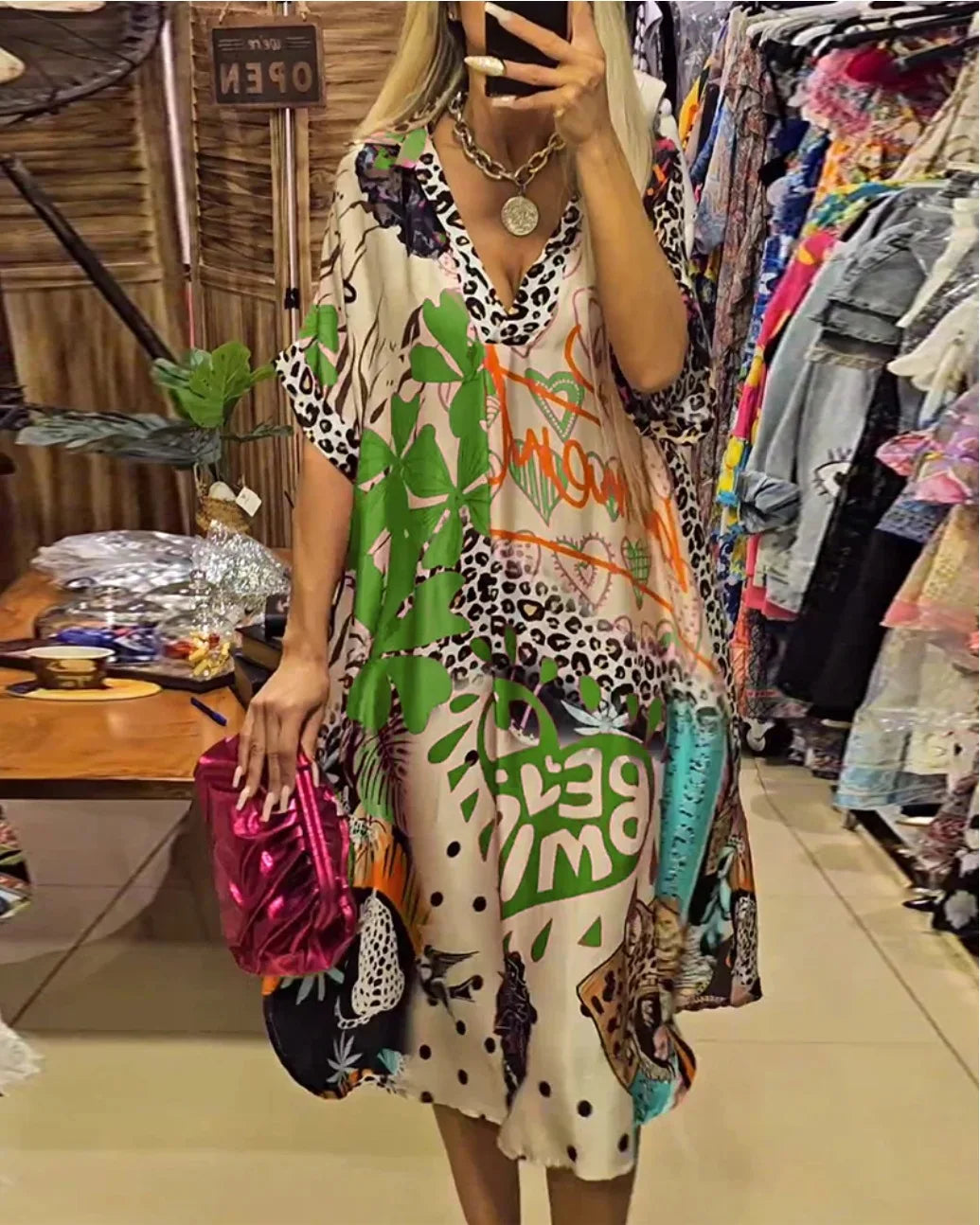 Leopard Print Shirt Dress Women Loose V Neck Summer Mid Calf Polyester