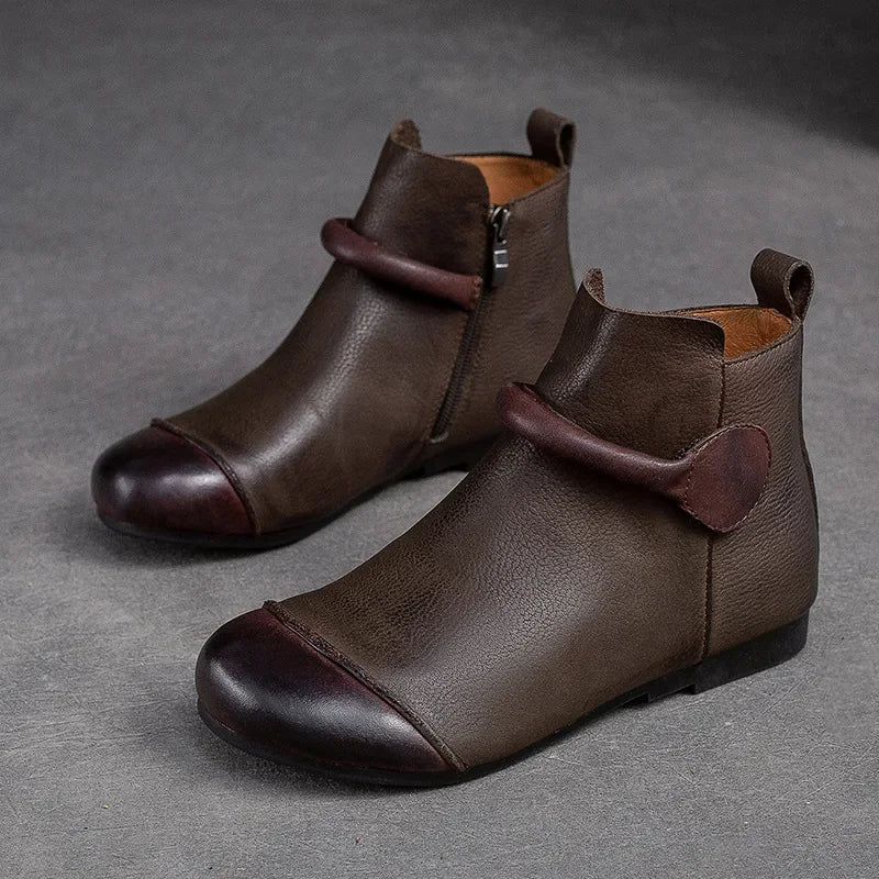 Retro Women Short Ankle Boots 2024 Autumn Winter Faux Cow Leather Slip-on Shoes Handmade Round Toe Light Weight Flat Booties