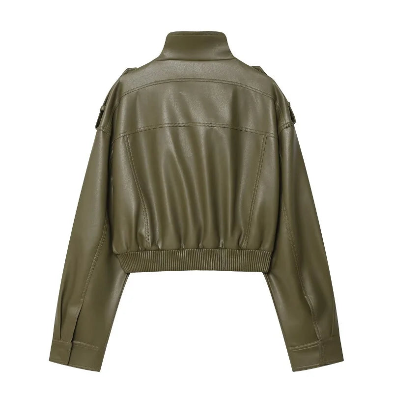 Mujer Faux Leather Cropped Bomber Jacket For Women Zipper Front Coat