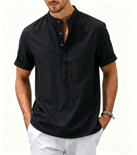 Cotton Linen Shirt Men Henley Neck Pocket Casual Beach Short Sleeve Solid Color Male Tops T-shirts Vintage Streetwear