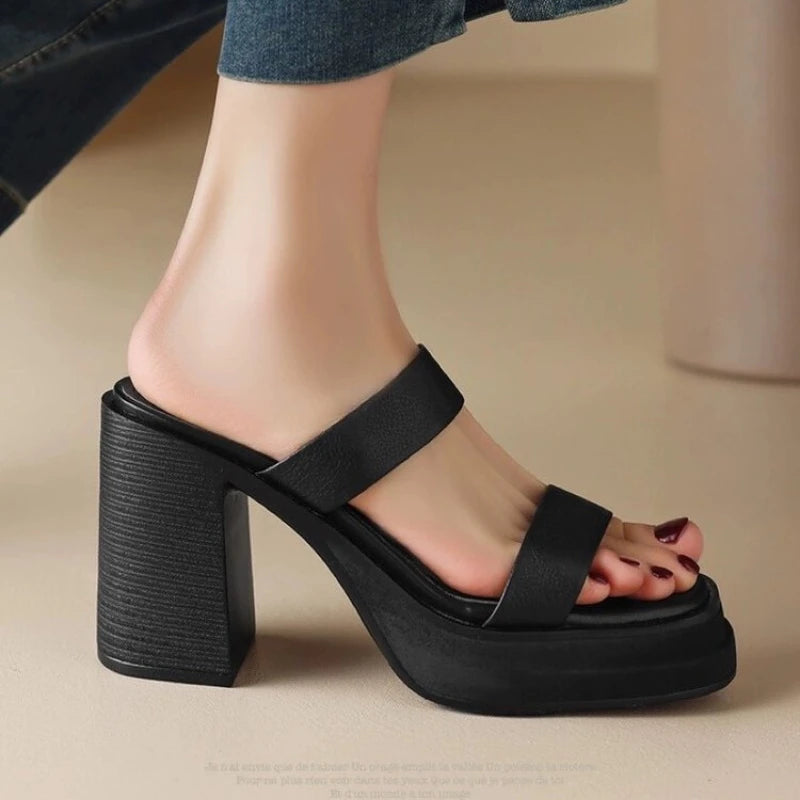 Meotina Ladies Square Toe Platform Block High Heels Slide Ladies Fashion Casual Slippers Summer Spring 40