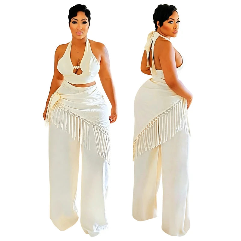 Sexy Two Piece Sets Woman Festival Outfit Birthday Club Party Bandage Halter Backless Crop Top and Tassel Pants Matching Sets