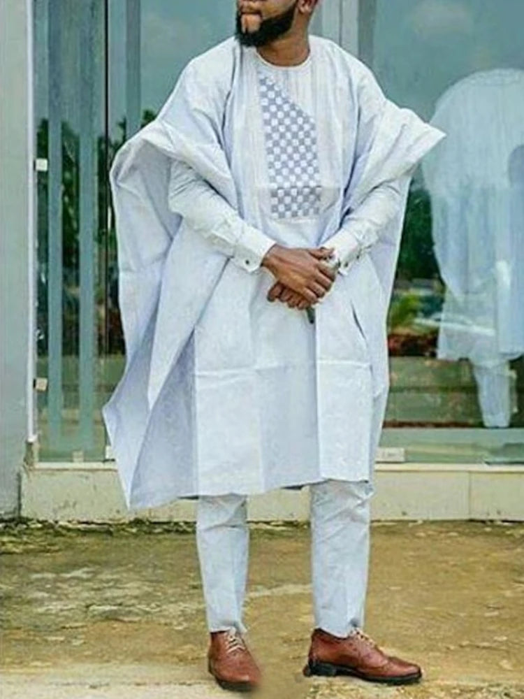 Men's African Traditional Clothing: Bazin Rich Original Heat Pressed White Clothing, Three-piece Suit, Suitable for Wedding Part