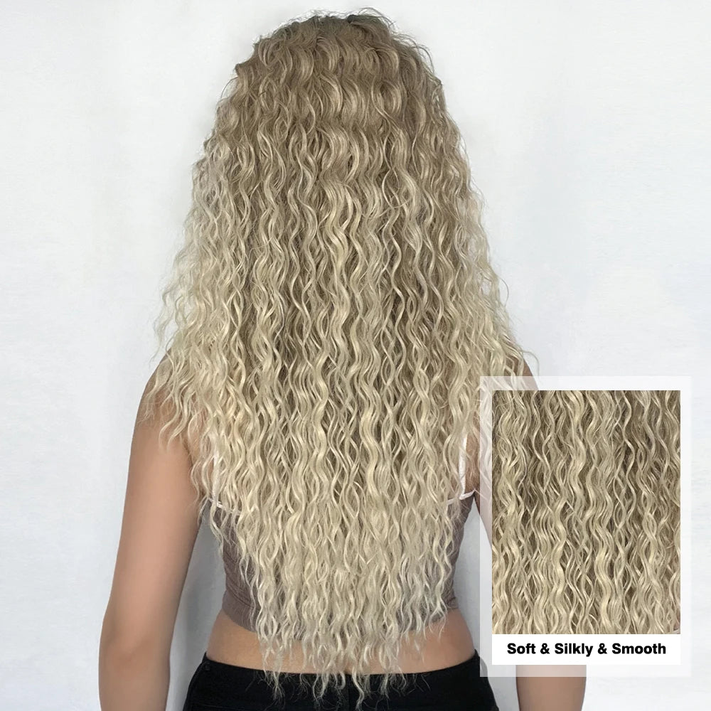 Long Afro Kinky Curly Lace Front Synthetic Wigs Brown Blonde Ombre Wig Dark Root Transparent Deep T Part Lace Wig for Women Use