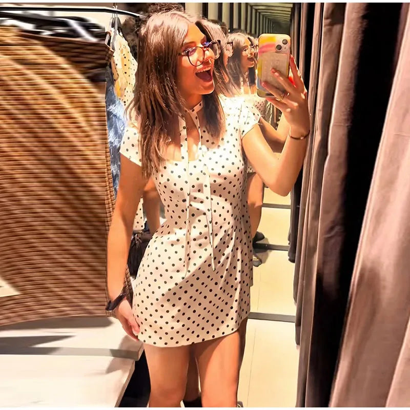 Fashion Polka Dot Mini Dress For Women 2026 Spring Summer Short Sleeve Lace Up Collar Party Dress Lady Bodycon Evening Vestidos